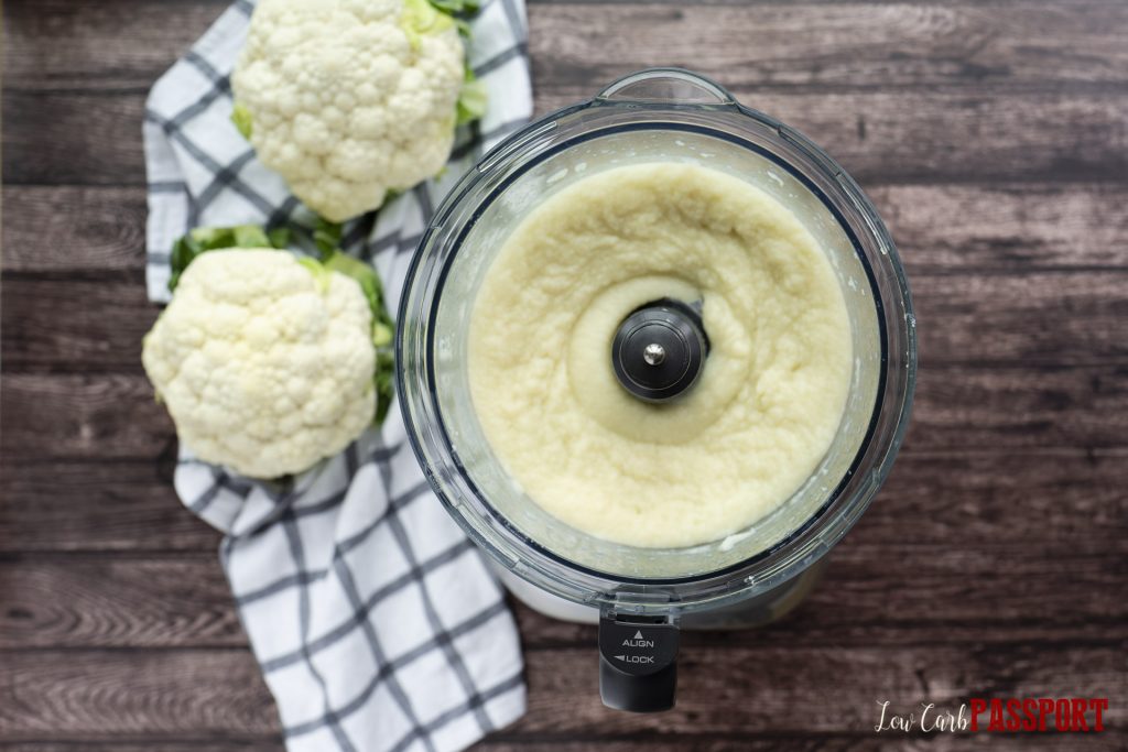 steamed cauliflower processed in a food processor